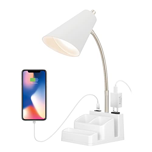 THOVAS LED Desk Lamp with 1 USB Charging Port and 1 AC Outlet, Organizer Base, Adjustable Neck, On/Off Switch, Modern Table Lamp for Reading, Working, Studying, Gentle Warm White Light, Eye Protect