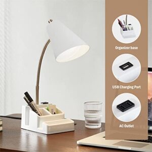 THOVAS LED Desk Lamp with 1 USB Charging Port and 1 AC Outlet, Organizer Base, Adjustable Neck, On/Off Switch, Modern Table Lamp for Reading, Working, Studying, Gentle Warm White Light, Eye Protect