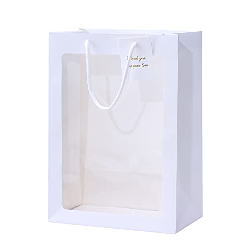 ywbag 10 Pcs Clear Gift Bag With Window, 13.8x 9.8x 5.9 White Transparent Bouquet Gift Bags With Handle for Bridal Shower, Festivals Party