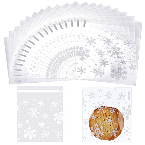 200 Pieces Christmas Cookie Bags Cellophane Treat Bags Snowflake Clear Candy Bag Gifts Goodies Bags with Self Adhesive Seal, 5.5 by 5.5 Inch (4 by 4 Inch)