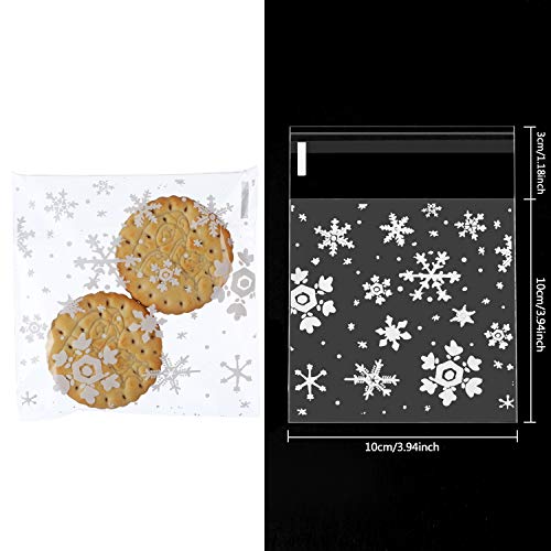 200 Pieces Christmas Cookie Bags Cellophane Treat Bags Snowflake Clear Candy Bag Gifts Goodies Bags with Self Adhesive Seal, 5.5 by 5.5 Inch (4 by 4 Inch)