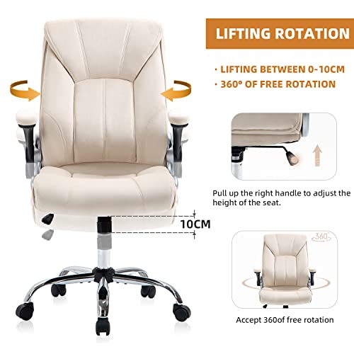 YAMASORO Velvet Fabric Office Chair Ergonomic Executive Chair with Lumbar Support,Home Office Desk Chairs Flip up Arms with Wheels, Comfortable Computer Chairs,Beige