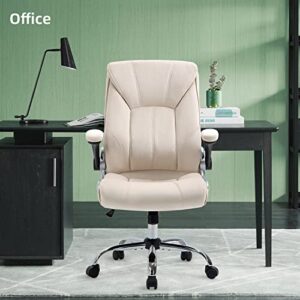 YAMASORO Velvet Fabric Office Chair Ergonomic Executive Chair with Lumbar Support,Home Office Desk Chairs Flip up Arms with Wheels, Comfortable Computer Chairs,Beige