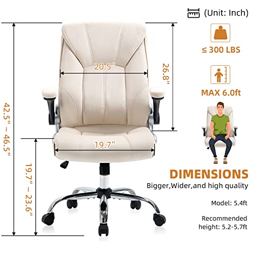 YAMASORO Velvet Fabric Office Chair Ergonomic Executive Chair with Lumbar Support,Home Office Desk Chairs Flip up Arms with Wheels, Comfortable Computer Chairs,Beige