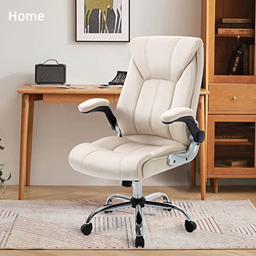 YAMASORO Velvet Fabric Office Chair Ergonomic Executive Chair with Lumbar Support,Home Office Desk Chairs Flip up Arms with Wheels, Comfortable Computer Chairs,Beige