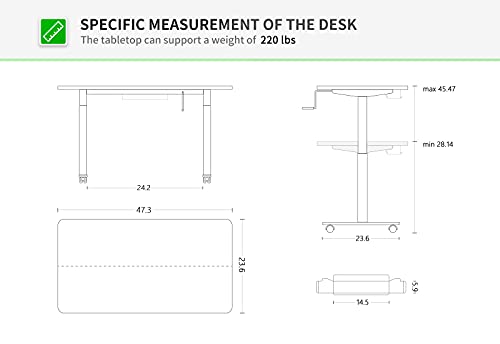 FAMISKY Crank Adjustable Height Standing Desk, 48 x 24 Inches Manual Stand up Desk, Sit Stand Workstation for Home Office with Handle and Splice Board, Black Frame/Walnut Top