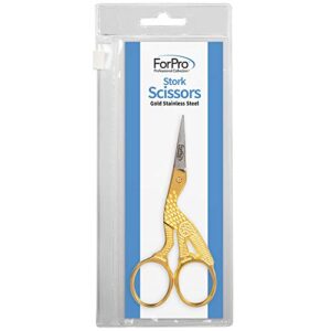 forpro professional collection gold stainless steel stork scissors for sewing, crafting, art work, threading, needlework, super sharp sheers for cutting fiber glass and silk wraps, 3.75” l