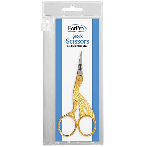 ForPro Professional Collection Gold Stainless Steel Stork Scissors for Sewing, Crafting, Art Work, Threading, Needlework, Super Sharp Sheers for Cutting Fiber Glass and Silk Wraps, 3.75” L