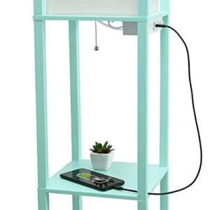 Simple Designs LF1037-AQU Organizer Storage Shelf with 2 Ports, 1 Charging Outlet and Linen Shade USB Etagere Floor Lamp, Aqua