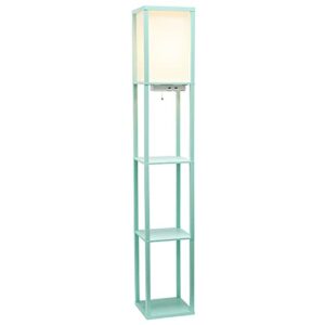 Simple Designs LF1037-AQU Organizer Storage Shelf with 2 Ports, 1 Charging Outlet and Linen Shade USB Etagere Floor Lamp, Aqua