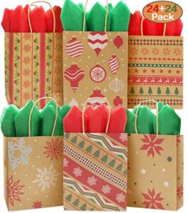 24 christmas kraft gift bags 7.25 x 9 x 3.5 with 24 tissue papers for xmas exchange, party favors paper goodie bags