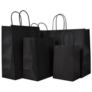 100pcs black kraft paper bags with handle, assorted 4 size, shopping bags, retail bags, party favor bags with handles，25 bags per size, 5.5”x3.75”x8” & 8”x4.75”x10” & 10”x5”x13” & 16”x6”x12”