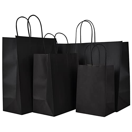 100PCS Black Kraft Paper Bags with Handle, Assorted 4 Size, Shopping Bags, Retail Bags, Party Favor Bags with Handles，25 Bags Per Size, 5.5”x3.75”x8” & 8”x4.75”x10” & 10”x5”x13” & 16”x6”x12”