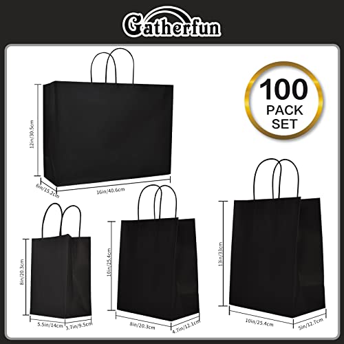 100PCS Black Kraft Paper Bags with Handle, Assorted 4 Size, Shopping Bags, Retail Bags, Party Favor Bags with Handles，25 Bags Per Size, 5.5”x3.75”x8” & 8”x4.75”x10” & 10”x5”x13” & 16”x6”x12”