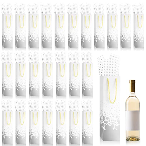 50 Pack Wine Gift Bags for Weddings, Paper Bottle Gift Bags Wrap Bag Wine Gift Bag with 100 Pieces Polka Dot Tissue Paper for Graduations Weddings New Years Birthday Party, 4 x 4 x 13.75 Inch (Silver)