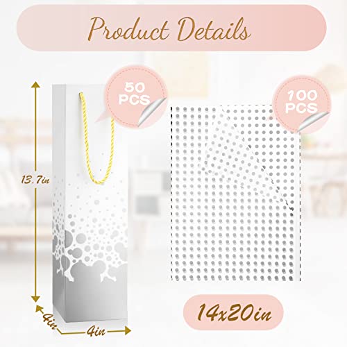50 Pack Wine Gift Bags for Weddings, Paper Bottle Gift Bags Wrap Bag Wine Gift Bag with 100 Pieces Polka Dot Tissue Paper for Graduations Weddings New Years Birthday Party, 4 x 4 x 13.75 Inch (Silver)