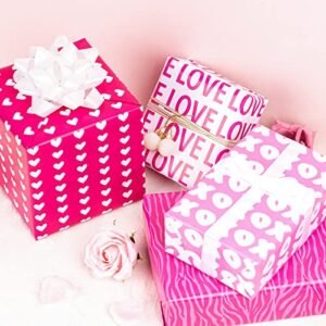 LeZakaa Pink Wrapping Paper Sheet - Folded Flat - Heart/XO/LOVE/Tiger Skin for Valentine's Day, Birthday - 19.6"x 27.5" x 12 Sheets (45.2 sq.ft.ttl.)