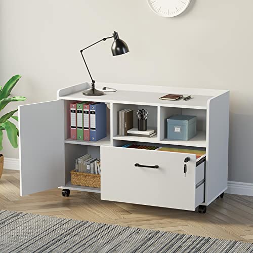 Rolanstar File Cabinet with Charging Station, Mobile Lateral Filing Cabinet with Locking Drawer, Printer Stand with Open Storage Shelf with Wheels, for Letter/Legal/A4 Size Files, White