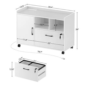 Rolanstar File Cabinet with Charging Station, Mobile Lateral Filing Cabinet with Locking Drawer, Printer Stand with Open Storage Shelf with Wheels, for Letter/Legal/A4 Size Files, White