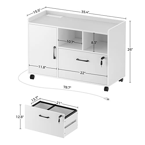 Rolanstar File Cabinet with Charging Station, Mobile Lateral Filing Cabinet with Locking Drawer, Printer Stand with Open Storage Shelf with Wheels, for Letter/Legal/A4 Size Files, White