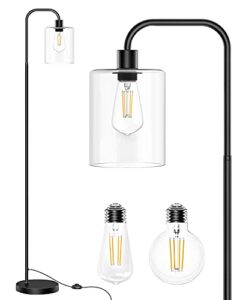 isloys floor lamp, industrial floor lamp with 2 led bulbs, led floor lamp with glass shade, modern standing lamp for living room bedroom office farmhouse-matte black