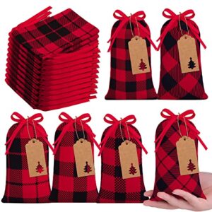 aneco 24 pieces mini buffalo plaid christmas bags 5.9 x 3.9 inches red and black cotton xmas present drawstring bags with 24 pieces kraft tags for christmas gifts candy cookies