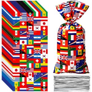 100 pcs international flag candy party bags world country flags treat bags patriotic cellophane bags travel goodie bags for soccer sports beer festival events celebration school party decorations