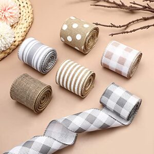 6 Rolls 30 Yards Christmas Buffalo Plaid Ribbon Wired Edge Ribbons Burlap Ribbon White Plaid Stripe Gray Ribbon for Christmas party supplies DIY Wrapping Wreath Bow Craft Decor, 2.5 Inch(Fresh)