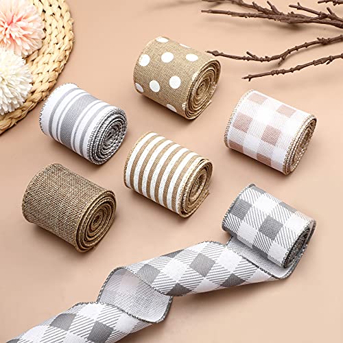 6 Rolls 30 Yards Christmas Buffalo Plaid Ribbon Wired Edge Ribbons Burlap Ribbon White Plaid Stripe Gray Ribbon for Christmas party supplies DIY Wrapping Wreath Bow Craft Decor, 2.5 Inch(Fresh)