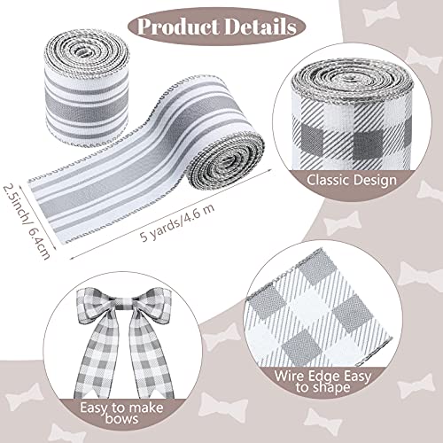 6 Rolls 30 Yards Christmas Buffalo Plaid Ribbon Wired Edge Ribbons Burlap Ribbon White Plaid Stripe Gray Ribbon for Christmas party supplies DIY Wrapping Wreath Bow Craft Decor, 2.5 Inch(Fresh)