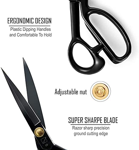 Sewing Scissors, Professional 10 Inch Fabric Dressmaking Scissors Heavy Duty Shears Sharp Cutting for Crafting, Leather, Dressmaking, Tailoring, Altering(10 Inch Black, Right-Handed)