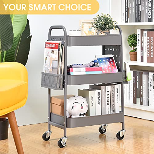 TOOLF 3-Tier Storage Cart, Utility Rolling Cart with DIY Dual Pegboards, Art Craft Trolley with Removable Baskets Hooks, Organizer Serving Cart Easy Assemble for Office, Home, Kitchen, Hospital,Grey