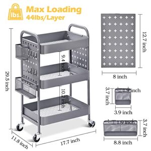 TOOLF 3-Tier Storage Cart, Utility Rolling Cart with DIY Dual Pegboards, Art Craft Trolley with Removable Baskets Hooks, Organizer Serving Cart Easy Assemble for Office, Home, Kitchen, Hospital,Grey