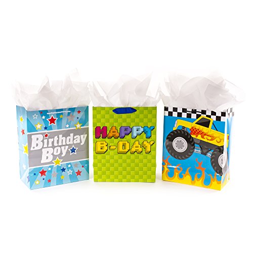 Hallmark 13" Large Birthday Gift Bag Bundle with Tissue Paper (Pack of 3: Monster Truck, Happy B-Day, Birthday Boy)