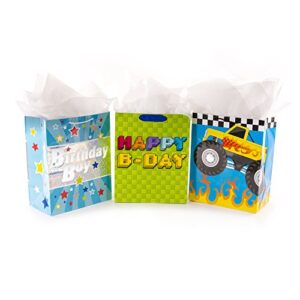 hallmark 13″ large birthday gift bag bundle with tissue paper (pack of 3: monster truck, happy b-day, birthday boy)