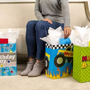 Hallmark 13" Large Birthday Gift Bag Bundle with Tissue Paper (Pack of 3: Monster Truck, Happy B-Day, Birthday Boy)