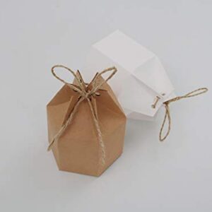 50Pack Paper Gift Boxes Lantern Hexagon Kraft Paper Package Box with Twine Candy Chocolate Gift Packing Wrap for Wedding Party Christmas White