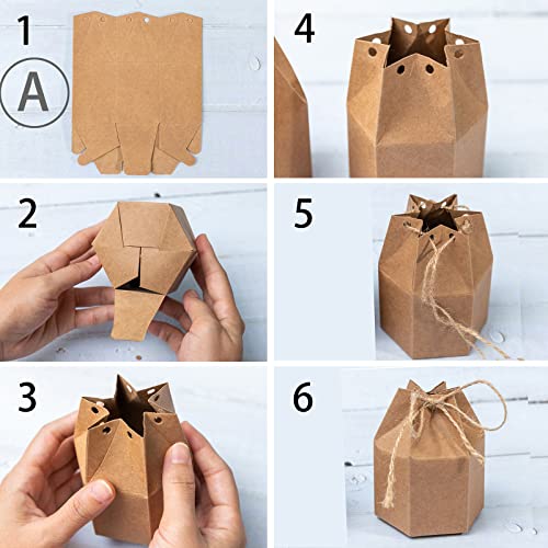 50Pack Paper Gift Boxes Lantern Hexagon Kraft Paper Package Box with Twine Candy Chocolate Gift Packing Wrap for Wedding Party Christmas White