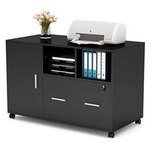tribesigns large file cabinet with lock and drawer, modern mobile lateral filing cabinet printer stand legal/letter / a4 size with wheels and storage shelves for home office (black)