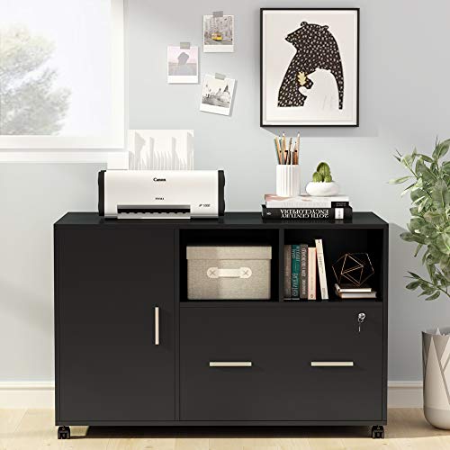 Tribesigns Large File Cabinet with Lock and Drawer, Modern Mobile Lateral Filing Cabinet Printer Stand Legal/Letter / A4 Size with Wheels and Storage Shelves for Home Office (Black)