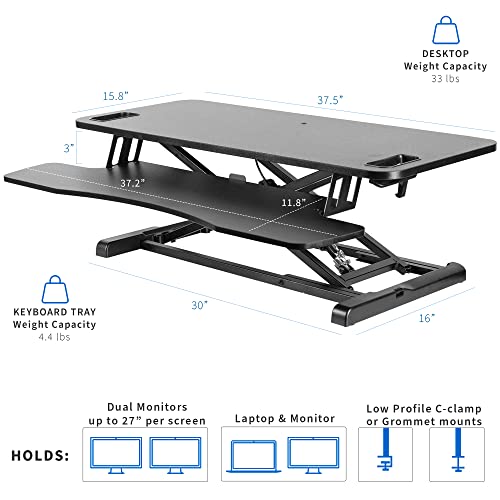 VIVO 38 inch Desk Converter, Height Adjustable Riser, Sit to Stand Dual Monitor and Laptop Workstation with Wide Keyboard Tray, Black, DESK-V037KB, 38"