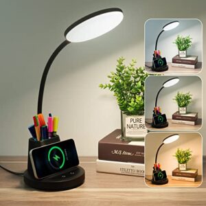 vicsoon led desk lamp with wireless charger, desk lamp for home office with pen phone holder, flexible arm dimmable 3 color modes eye caring small study desk light for college dorm, 800 lumens cri 90