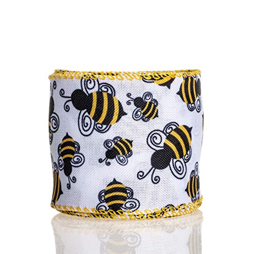 ATRBB Bumble Bee Wired Edge Ribbon, Honeybee Print Ribbon for Wreaths, Gift Wrapping and Party Decoration, 10 Yards by 2.5 Inches