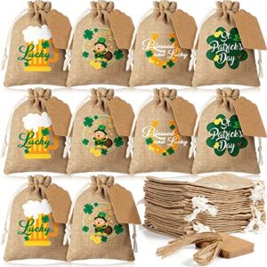 St Patricks Day Gift Bags St Patricks Day Treat Bags St. Patrick's Day Party Favor Bags Burlap Gift Bags with Drawstring Tags Ropes Different Designs Rustic Small Burlap Bags for Irish Party (20)