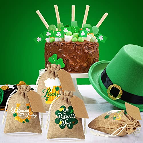 St Patricks Day Gift Bags St Patricks Day Treat Bags St. Patrick's Day Party Favor Bags Burlap Gift Bags with Drawstring Tags Ropes Different Designs Rustic Small Burlap Bags for Irish Party (20)