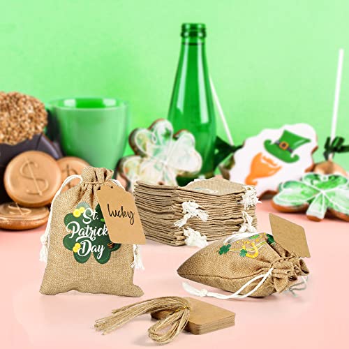 St Patricks Day Gift Bags St Patricks Day Treat Bags St. Patrick's Day Party Favor Bags Burlap Gift Bags with Drawstring Tags Ropes Different Designs Rustic Small Burlap Bags for Irish Party (20)