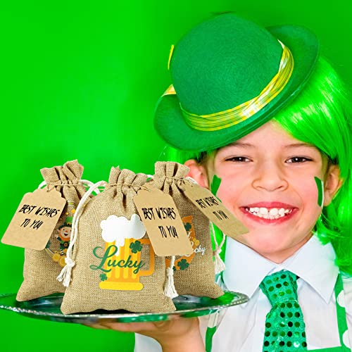 St Patricks Day Gift Bags St Patricks Day Treat Bags St. Patrick's Day Party Favor Bags Burlap Gift Bags with Drawstring Tags Ropes Different Designs Rustic Small Burlap Bags for Irish Party (20)