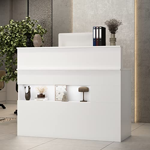 AIEGLE Reception Desk with Counter, Retail Counter with Lighted Display Shelf & Lockable Drawers, for Salon Reception Room Checkout Office, White (47.2" W x 19.7" D x 39.2" H)