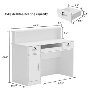 AIEGLE Reception Desk with Counter, Retail Counter with Lighted Display Shelf & Lockable Drawers, for Salon Reception Room Checkout Office, White (47.2" W x 19.7" D x 39.2" H)