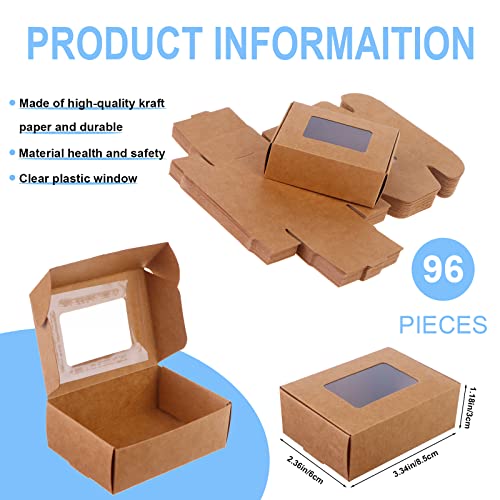 Ywin 96 PCS Mini Kraft Paper Box with Window Soap Boxes Present Box Present Packaging Box Treat Box for Soap Packaging Favor Treat Bakery Candy and Jewelry Display, 3.34 x 2.36 x 1.18 Inch (Brown)